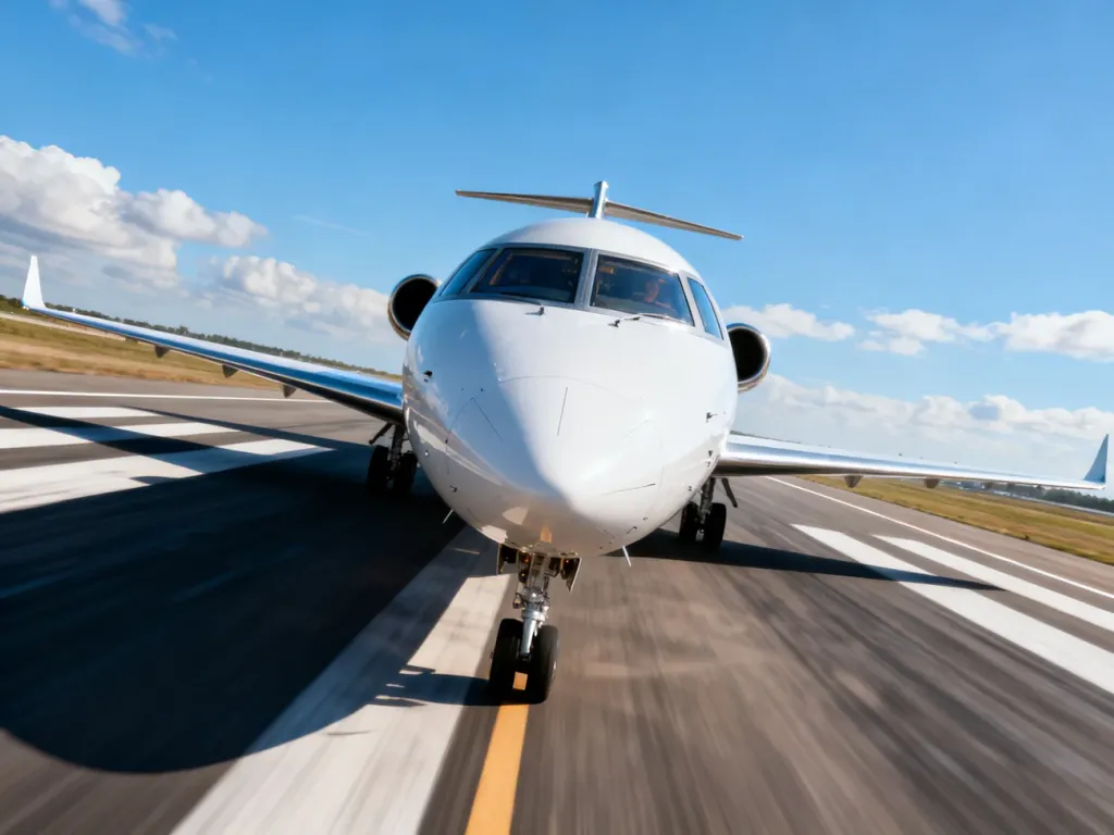Smukły nos nowoczesnego odrzutowca na pasie startowym, ujęcie z dołu podkreśla prędkość i aerodynamikę maszyny