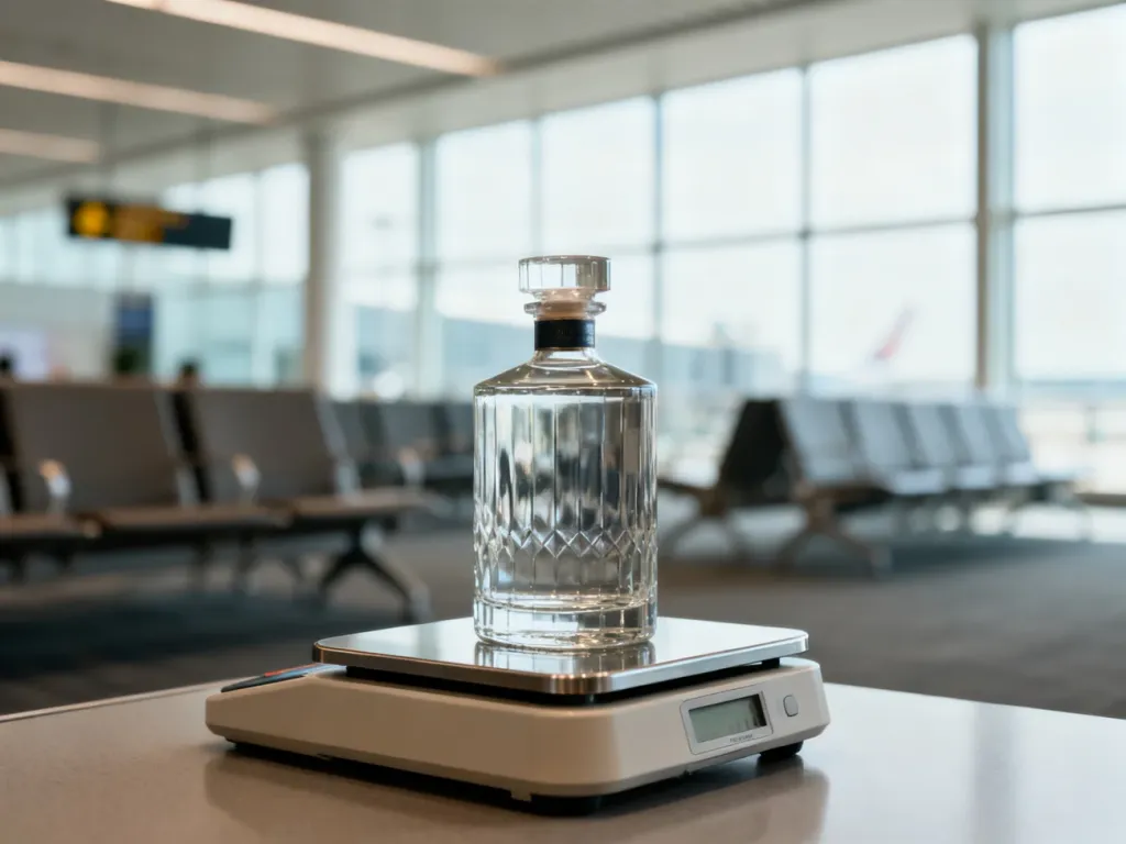 Butelka alkoholu na wadze bagażowej w hali odlotów, ilustrująca zasady przewozu trunków w samolotach Wizz Air.
