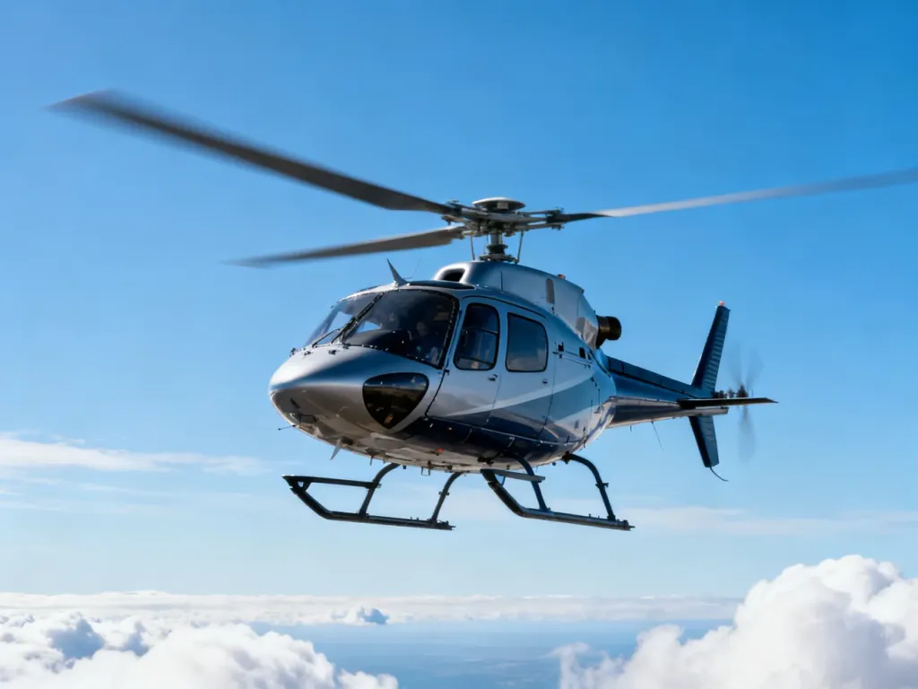 Nowoczesny helikopter lecący w słoneczny dzień na tle błękitnego nieba i chmur.