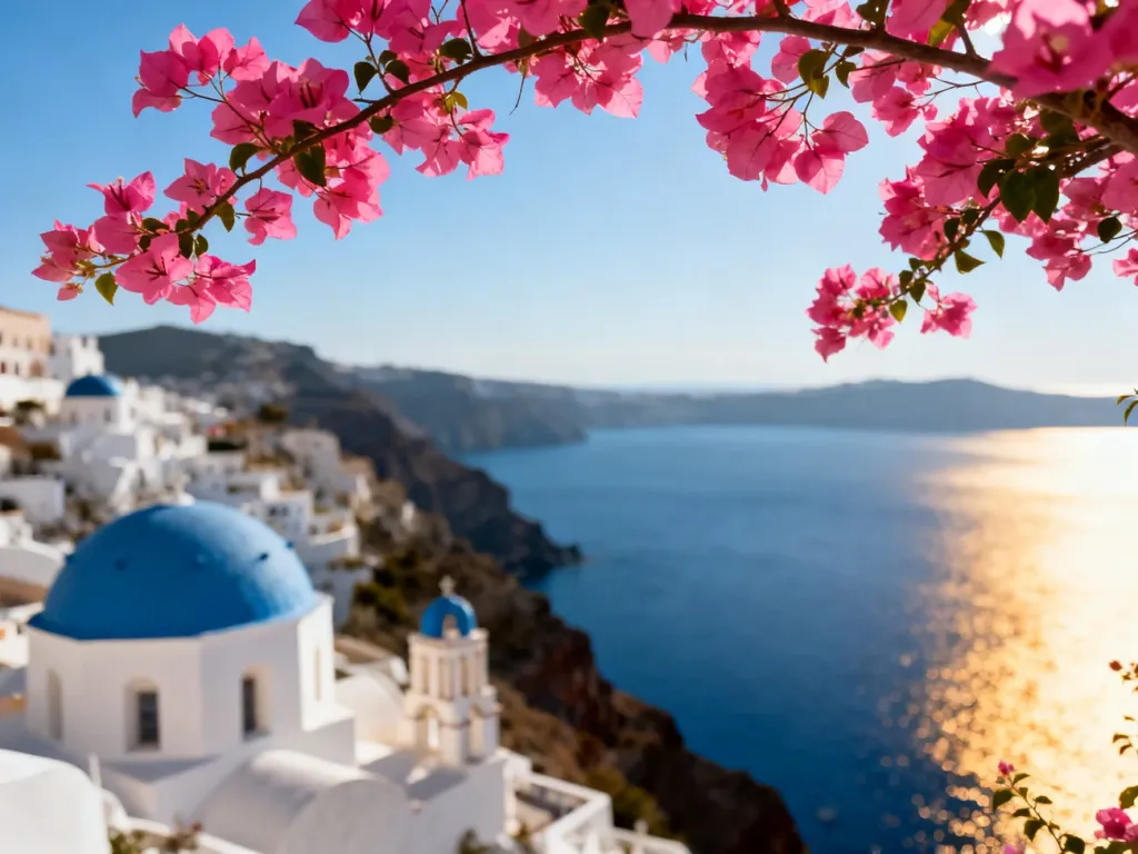 Widok na białą architekturę Santorini i błękitne Morze Egejskie z kwiatami bugenwilli na pierwszym planie.
