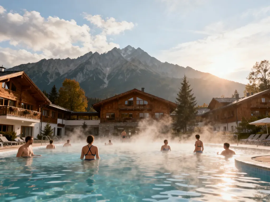 Nowoczesny kompleks Term Chochołowskich z zewnętrznymi basenami termalnymi, kąpiącymi się ludźmi i widokiem na Tatry.
