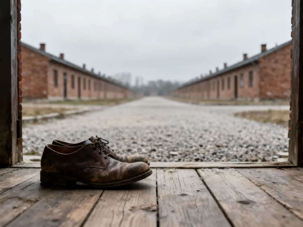 Wymowne ujęcie starych butów na tle baraków w Auschwitz, symbolizujące pamięć o ofiarach obozu.