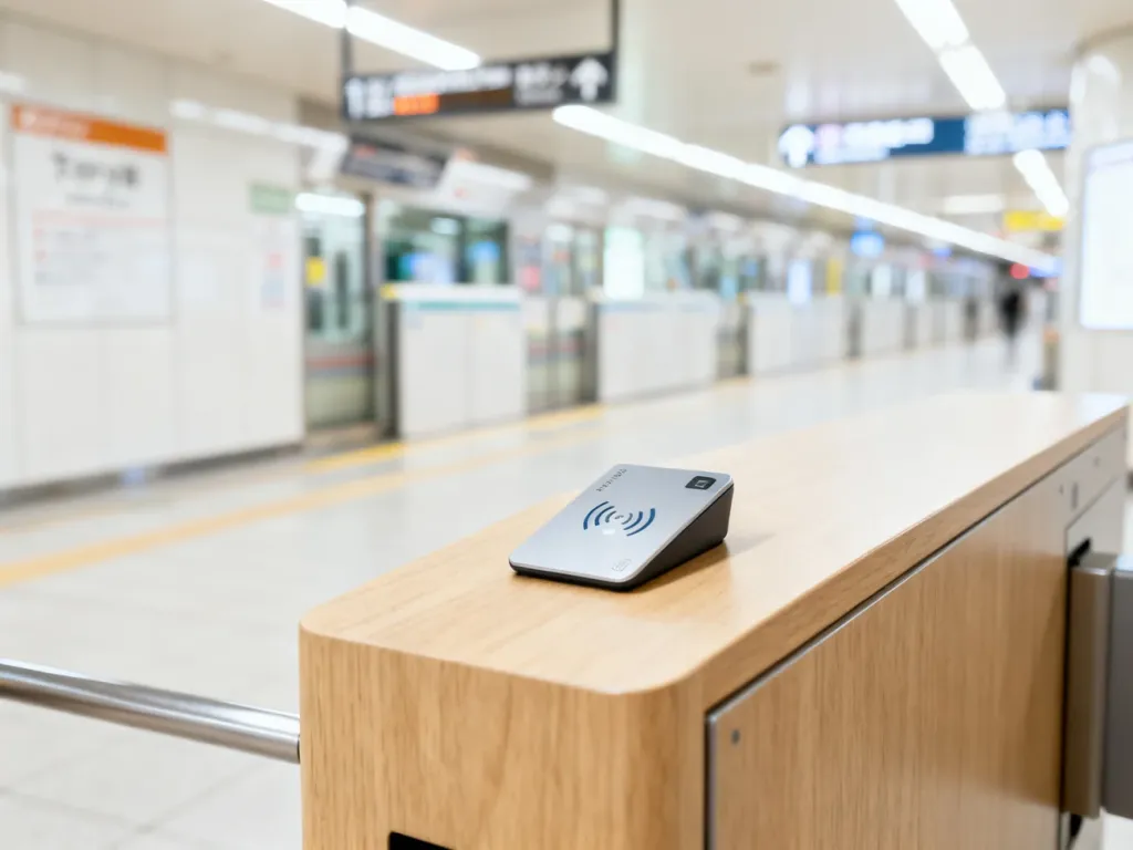 Zbliżenie na kartę zbliżeniową na bramce biletowej w tokijskim metrze, w tle rozmyty korytarz stacji.
